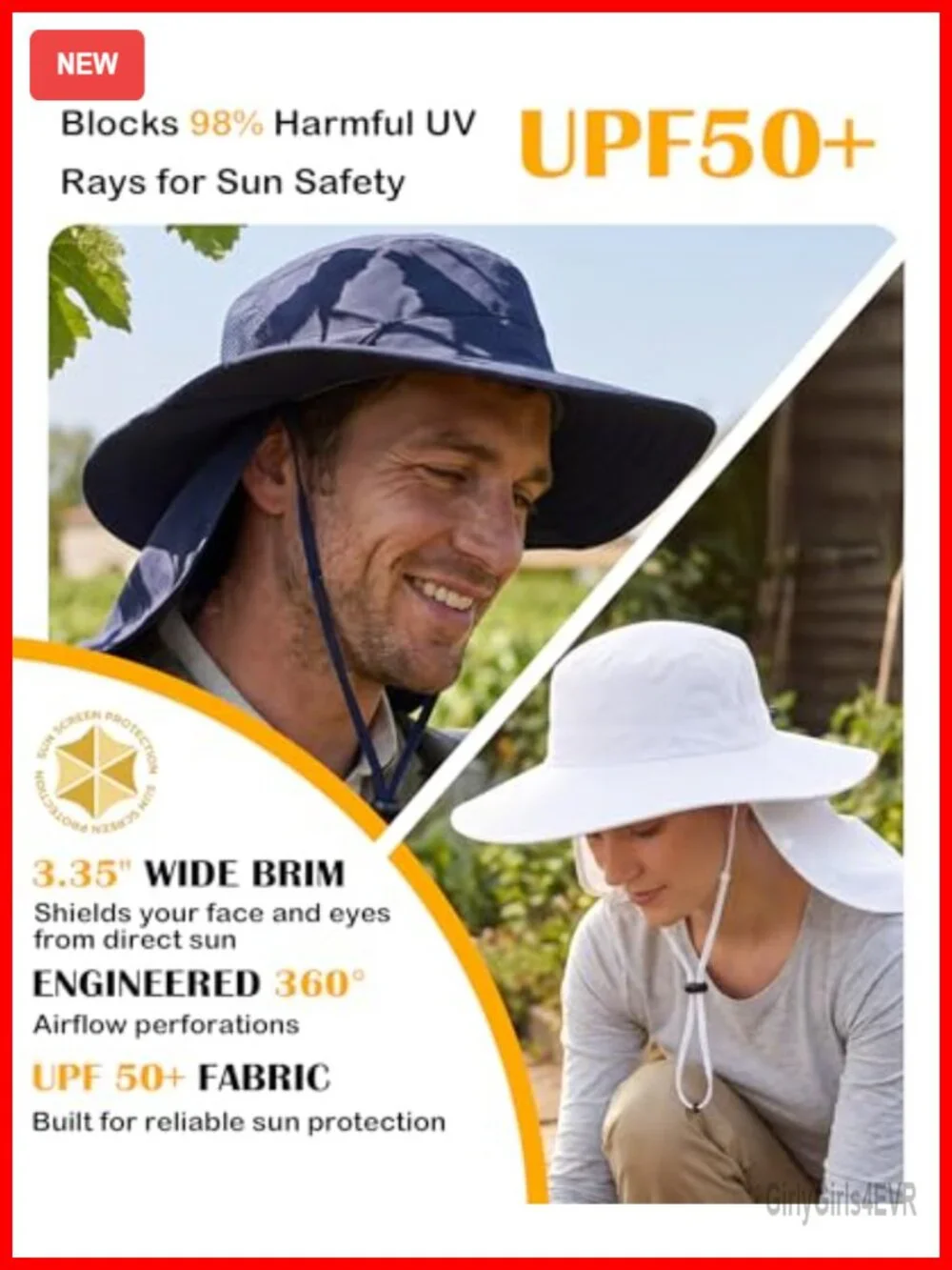 UPF 50+ Wide Brim Sun Hat with Neck Flap Fishing Bucket Hat for Men Women